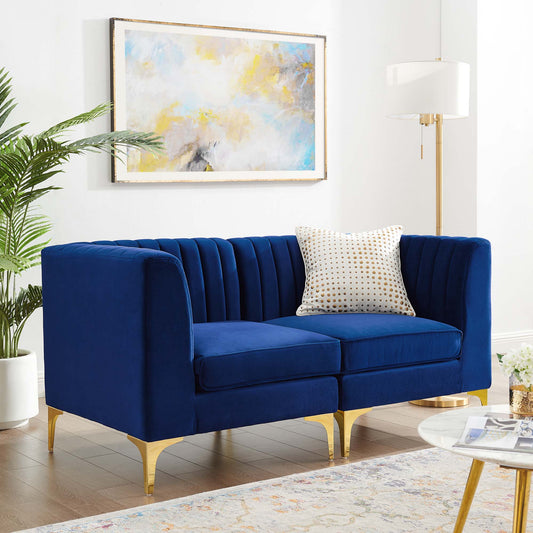 Valmere Upholstered Velvet Loveseat Sectional, Navy