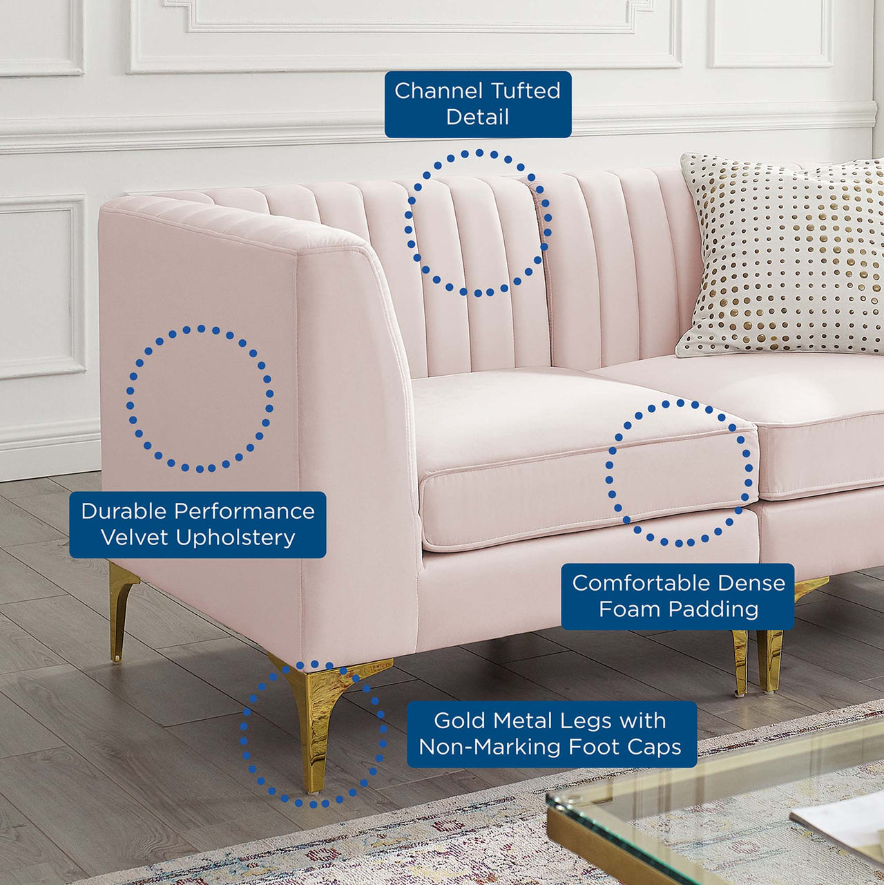 Valmere Upholstered Velvet Loveseat Sectional, Pink