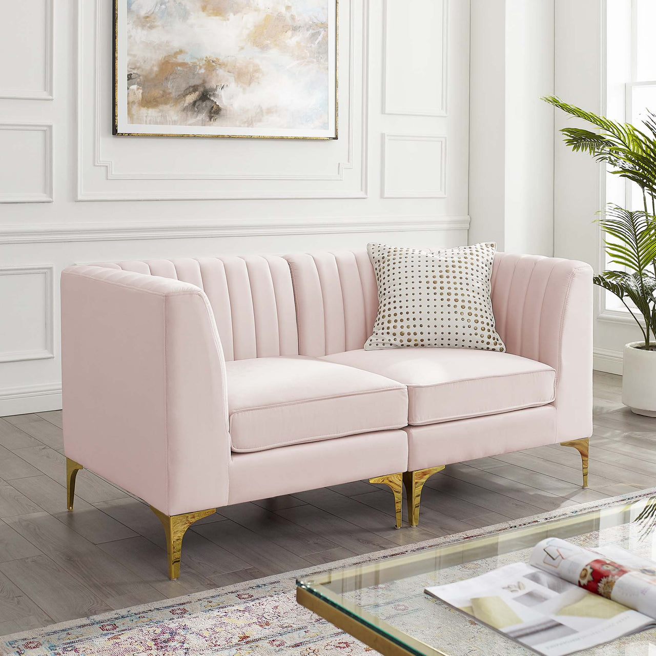 Valmere Upholstered Velvet Loveseat Sectional, Pink