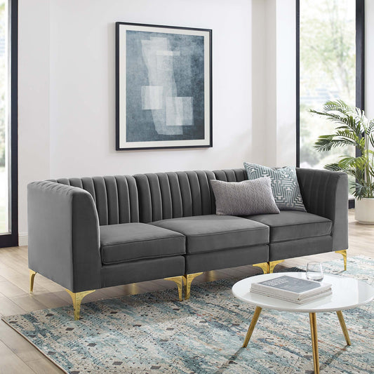 Valmere Upholstered Velvet 3-Seater Sofa Sectional, Gray