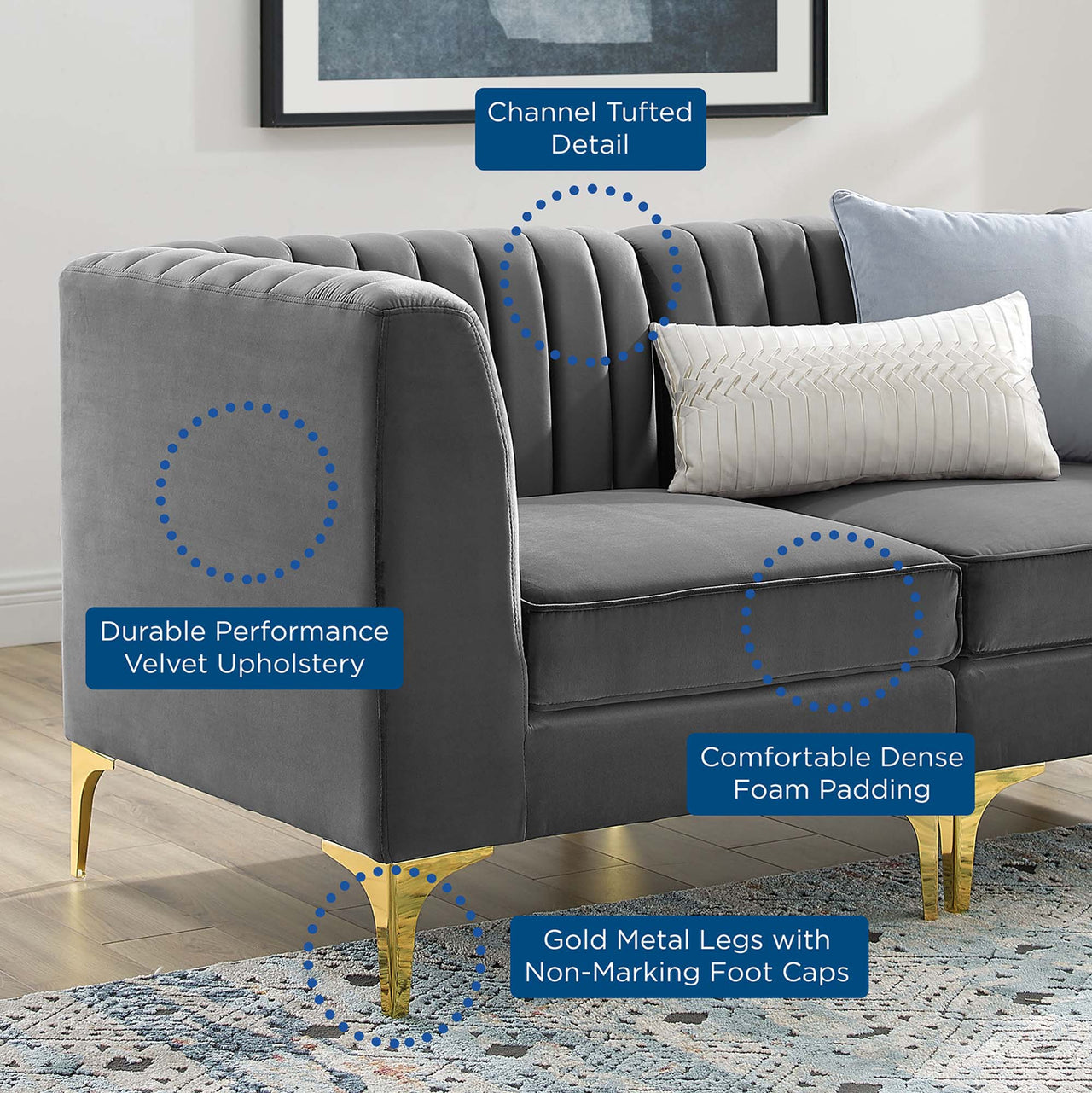 Valmere Upholstered Velvet 3-Seater Sofa Sectional, Gray