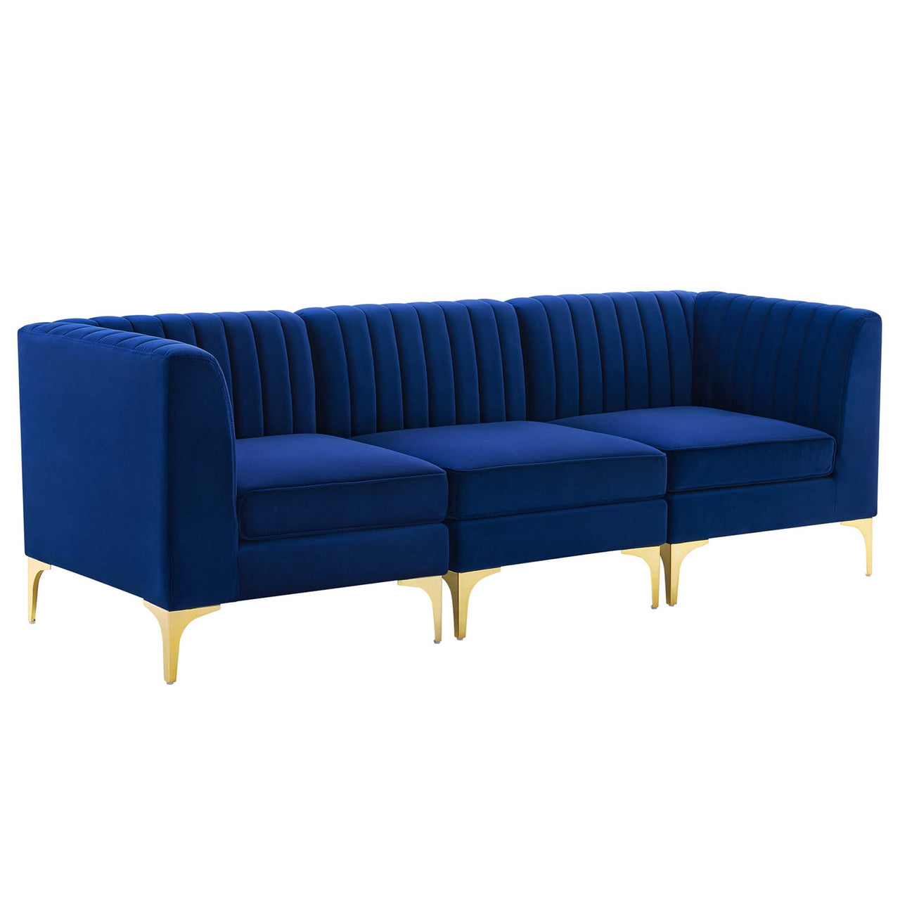 Valmere Upholstered Velvet 3-Seater Sofa Sectional, Navy