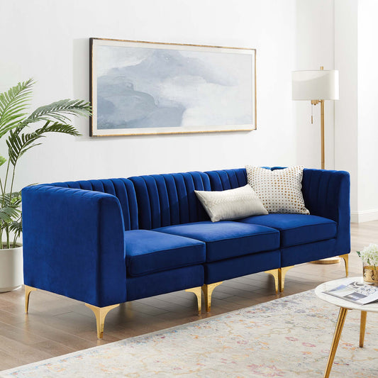 Valmere Upholstered Velvet 3-Seater Sofa Sectional, Navy