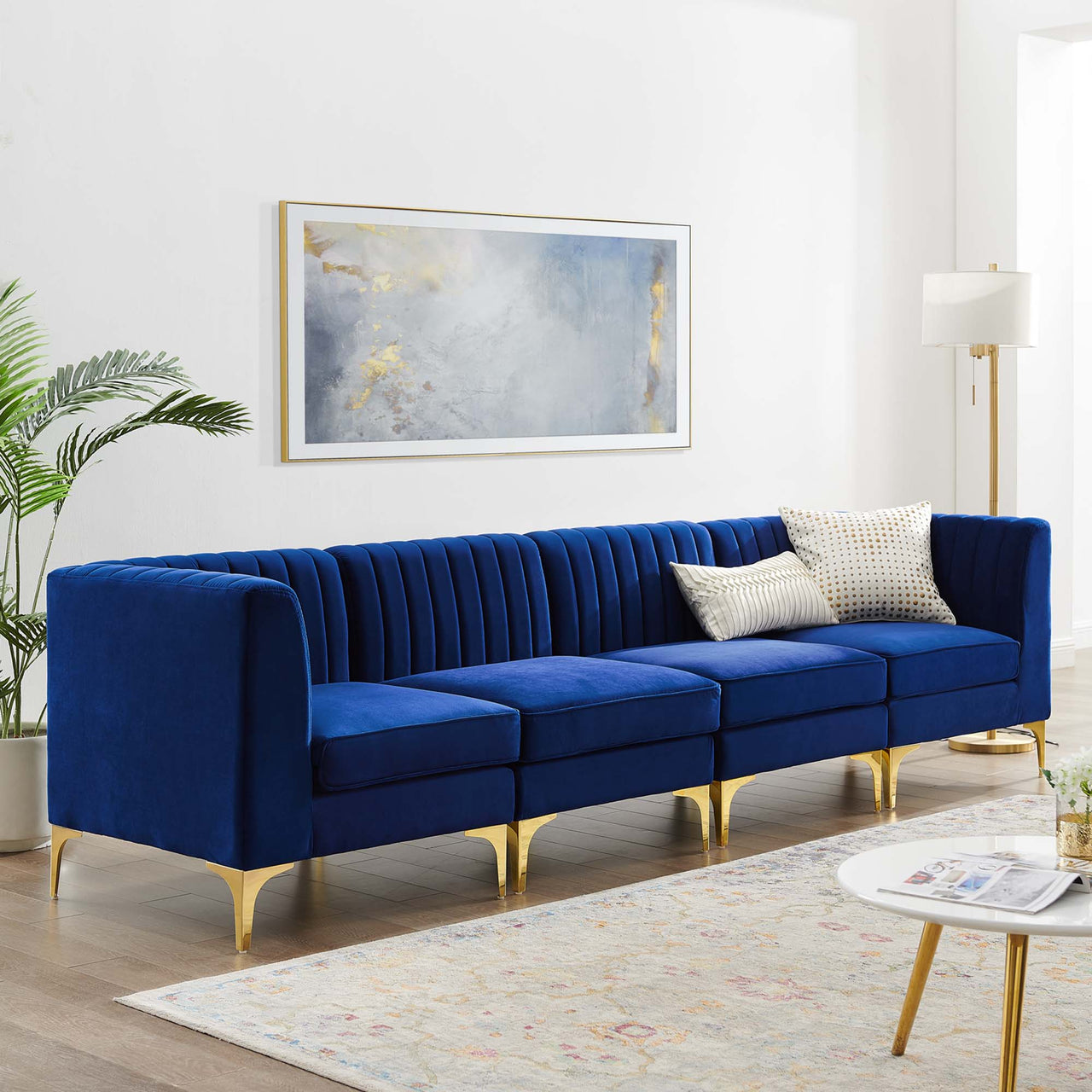 Valmere Upholstered Velvet 4-Seater Sofa Sectional, Navy