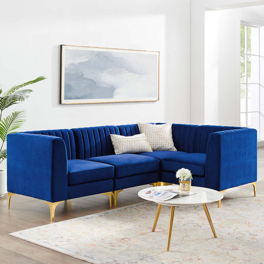 Valmere L-Shaped Upholstered Velvet Sectional, Navy