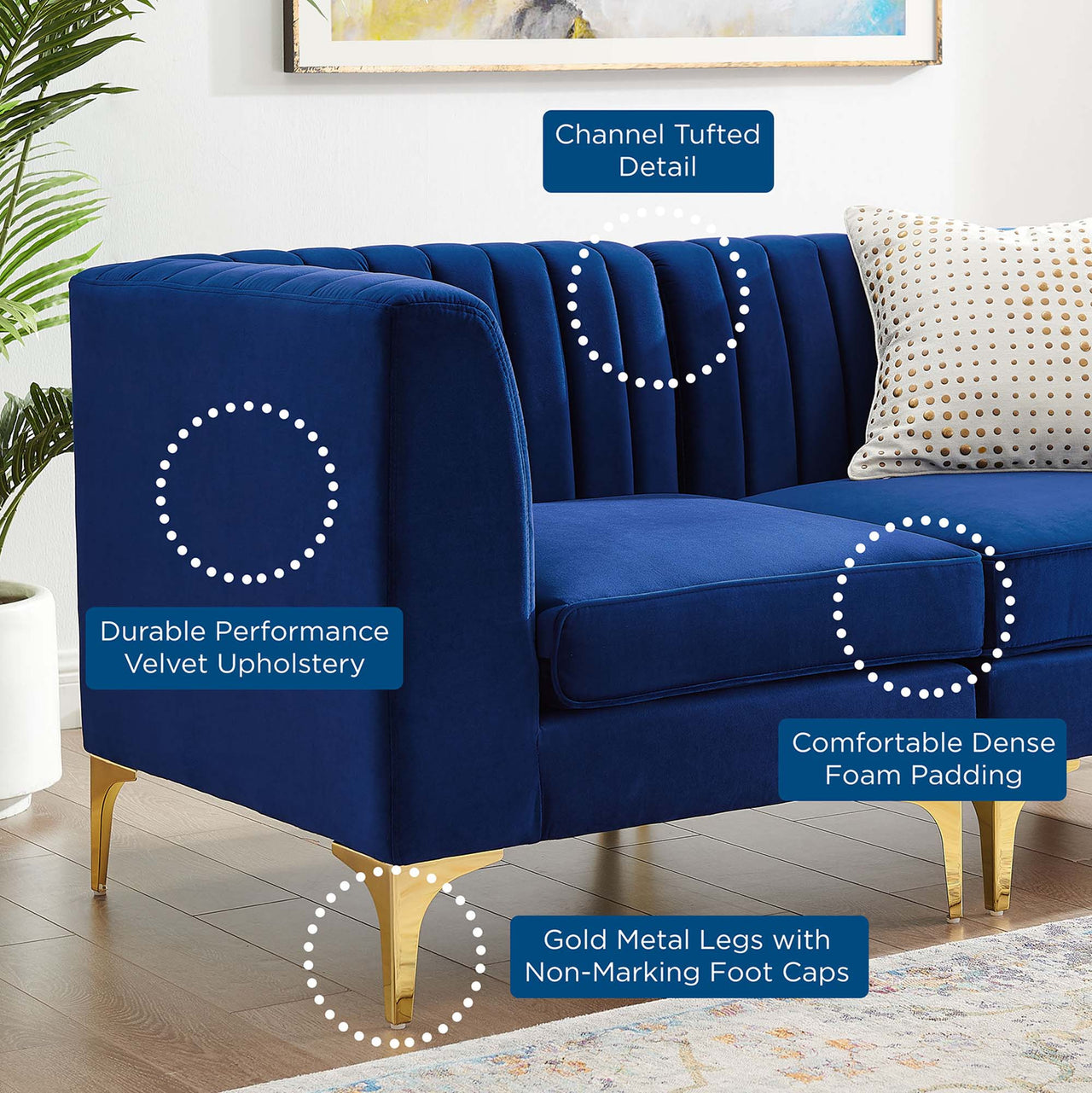 Triumph 5-Piece Channel Tufted Performance Velvet Sectional Sofa Set, Navy