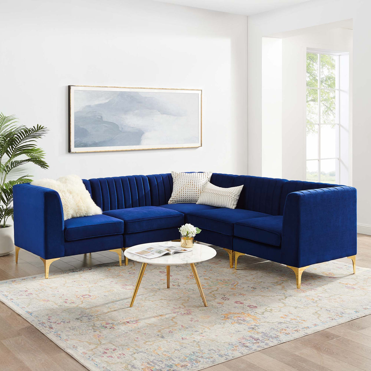 Triumph 5-Piece Channel Tufted Performance Velvet Sectional Sofa Set, Navy