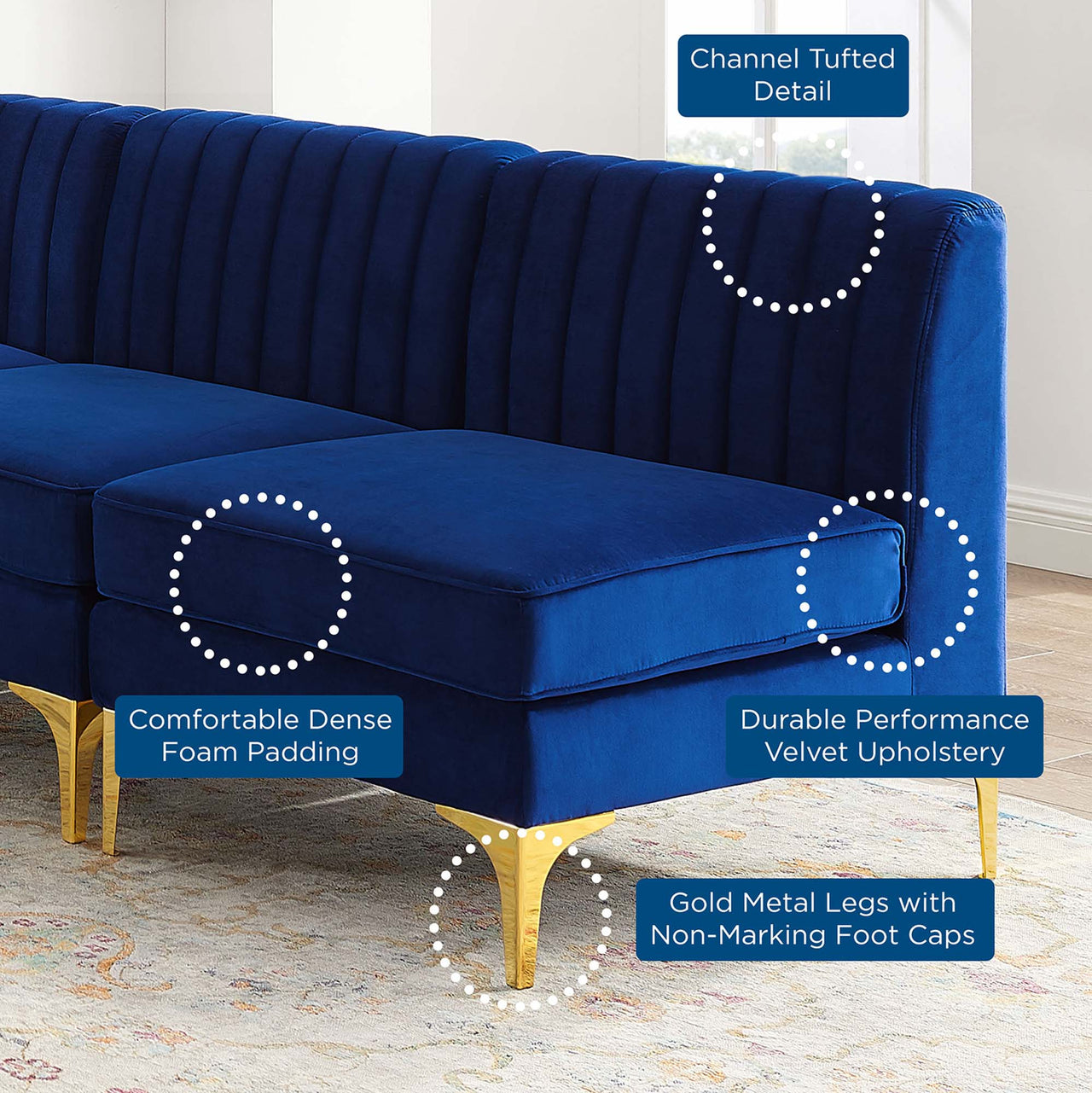 Valmere Armless Cornered Upholstered Velvet Sectional, Navy