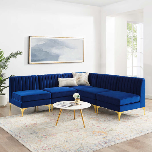 Valmere Armless Cornered Upholstered Velvet Sectional, Navy