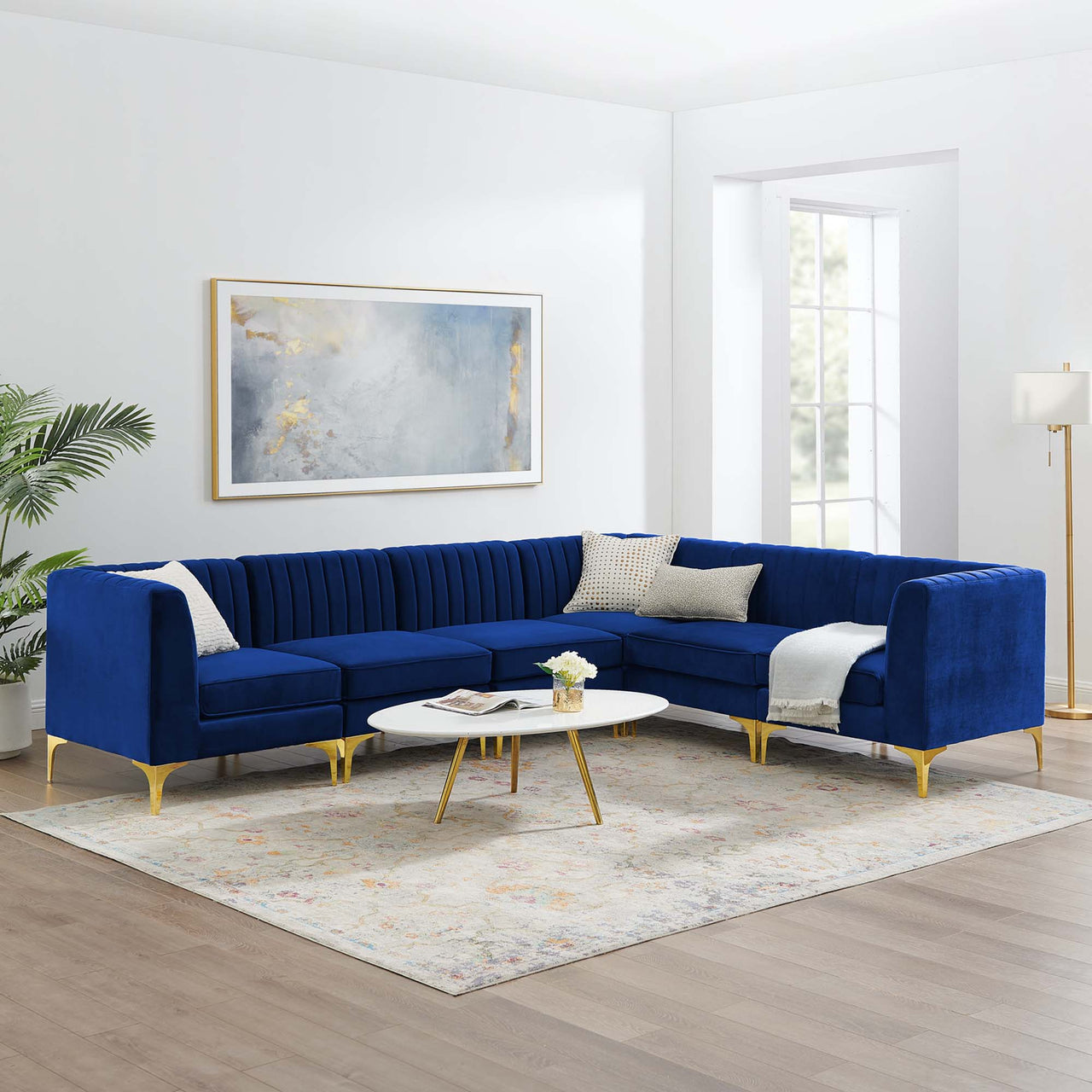 Triumph 6-Piece Channel Tufted Performance Velvet Sectional Sofa Set, Navy