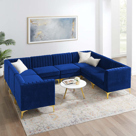 Valmere U-Shaped Upholstered Velvet Sectional, Navy