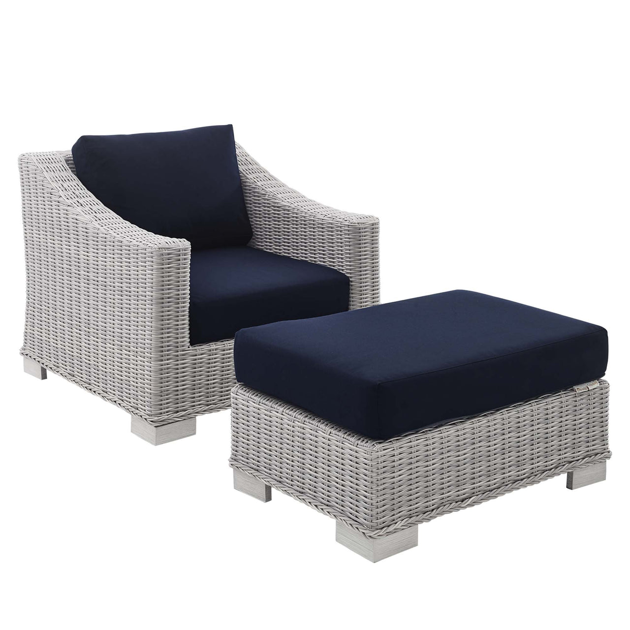 Corvara 2-Piece Sunbrella® Alfresco Woven Armchair & Ottoman Set Light Gray & Navy