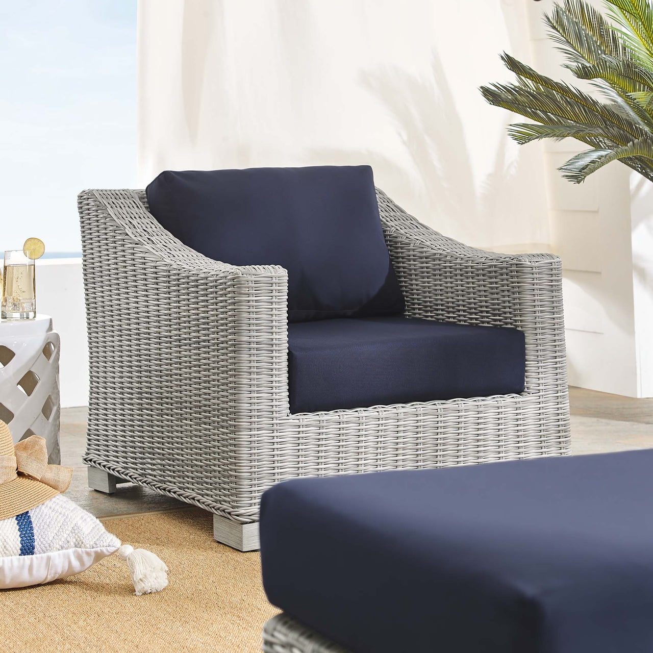 Corvara 2-Piece Sunbrella® Alfresco Woven Armchair & Ottoman Set Light Gray & Navy