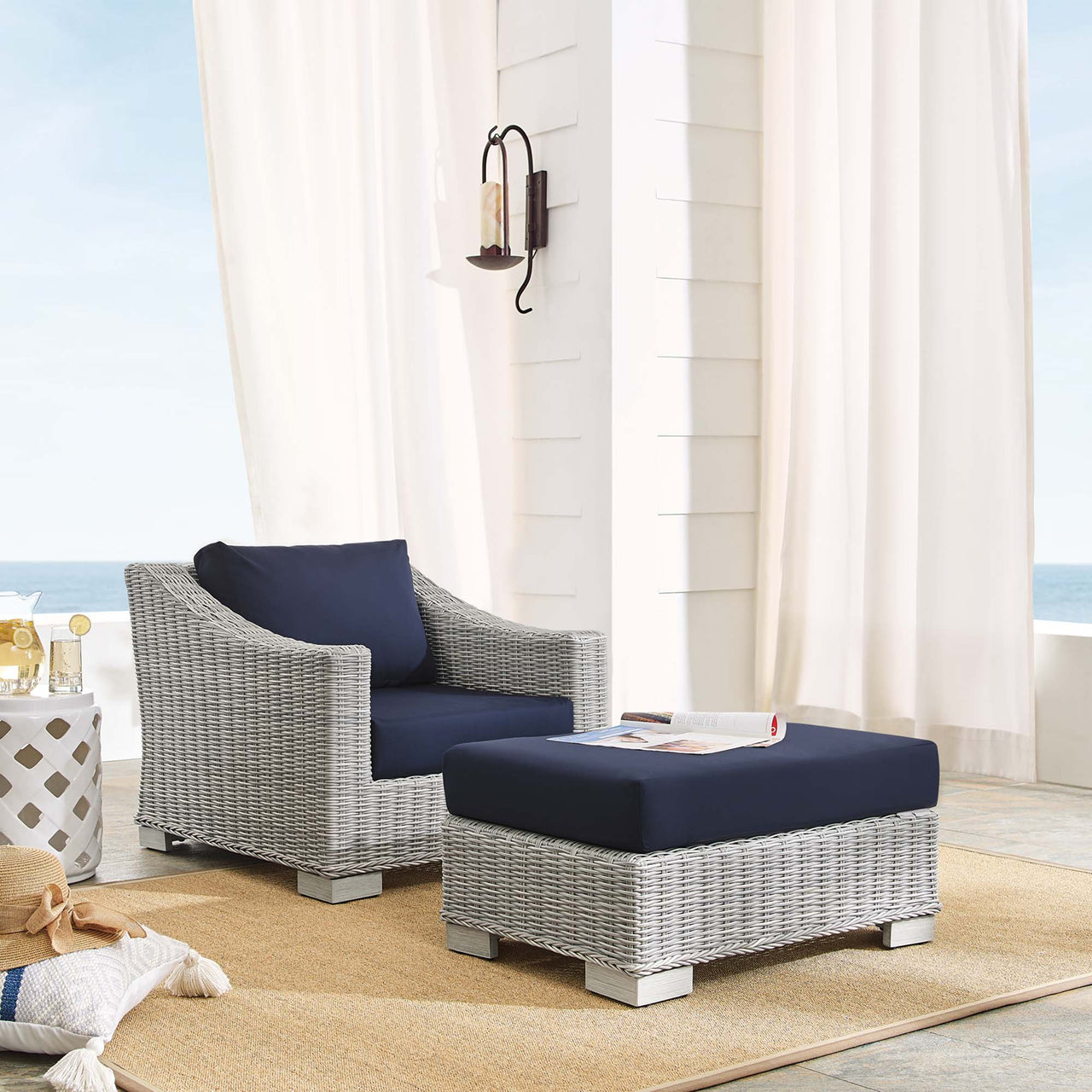 Corvara 2-Piece Sunbrella® Alfresco Woven Armchair & Ottoman Set Light Gray & Navy