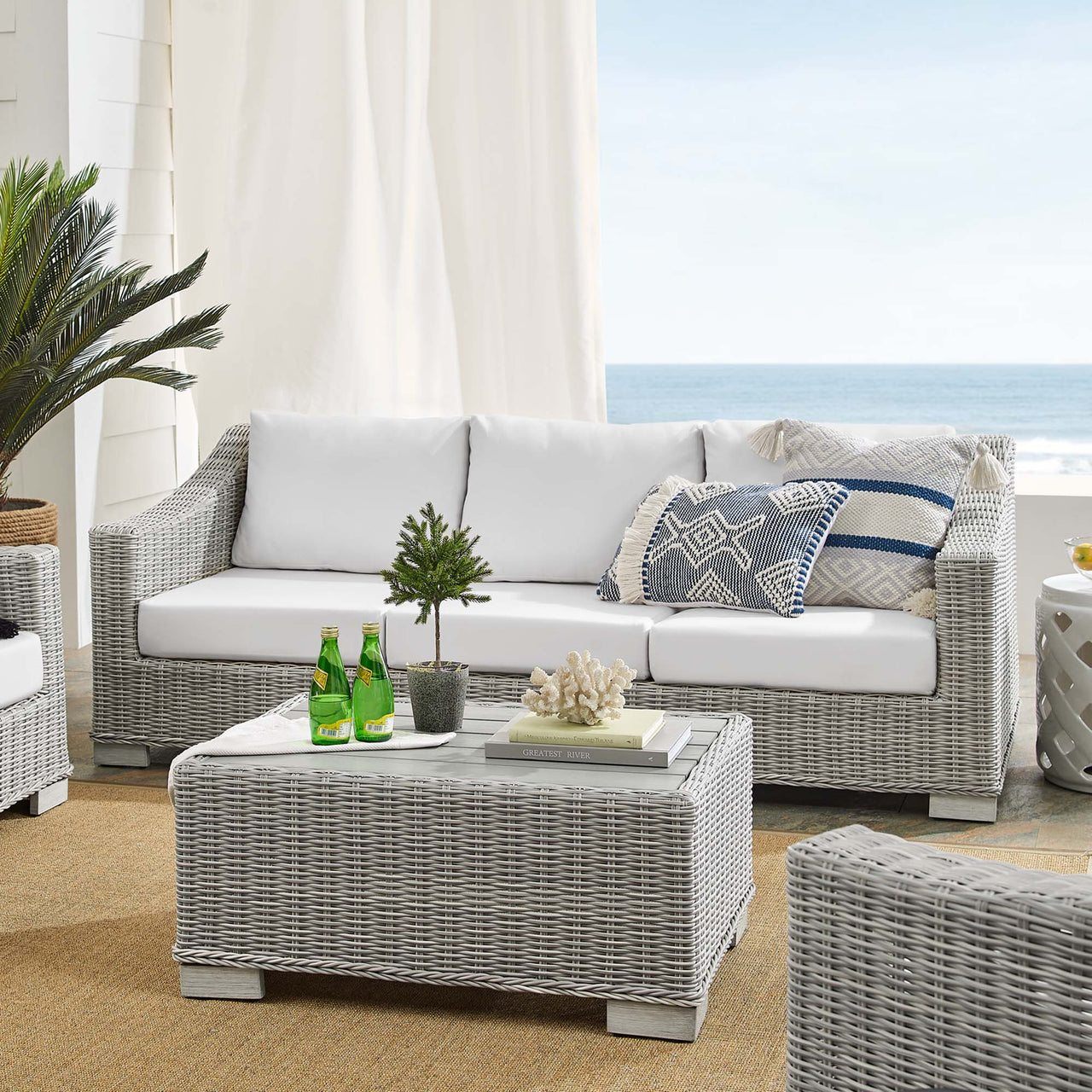 Corvara 4-Piece Sunbrella® Alfresco Woven Furniture Set, Light Gray & White