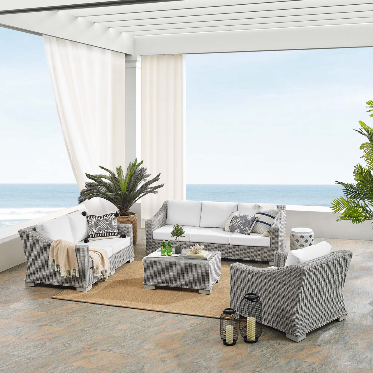 Corvara 4-Piece Sunbrella® Alfresco Woven Furniture Set, Light Gray & White