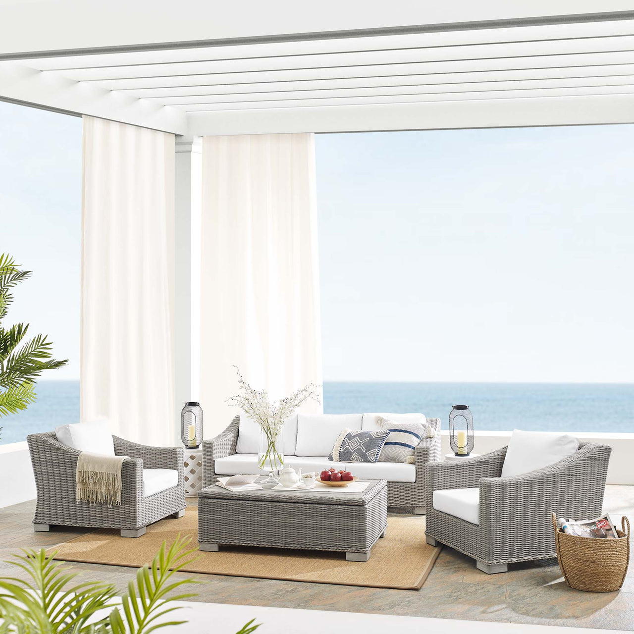 Corvara 4-Piece Sunbrella® Alfresco Woven Furniture Set, Light Gray & White