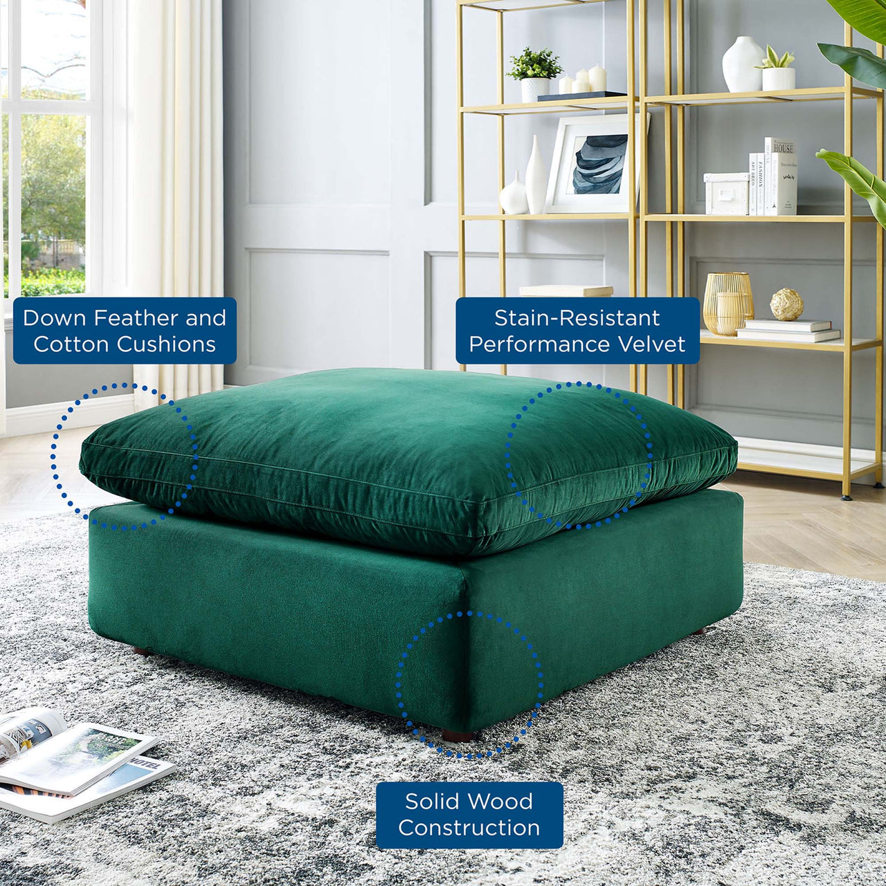 Angelic Cloudblend Velvet Ottoman | Modular Sectional Component, Green