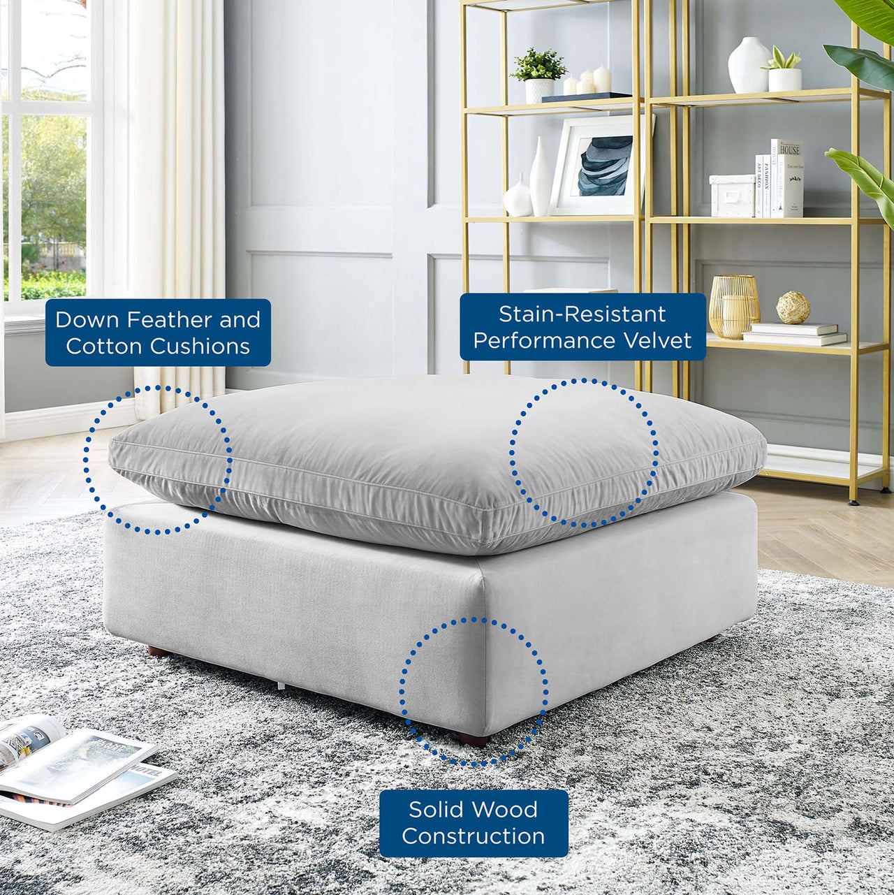 Angelic Cloudblend Velvet Ottoman | Modular Sectional Component, Light Gray