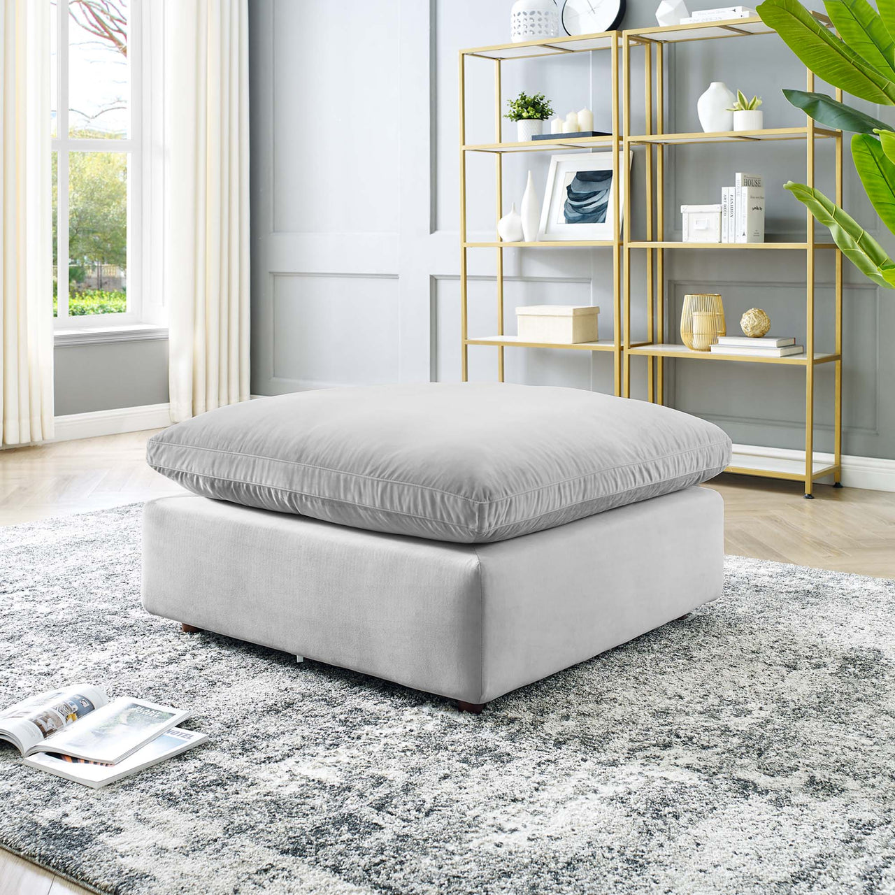Angelic Cloudblend Velvet Ottoman | Modular Sectional Component, Light Gray