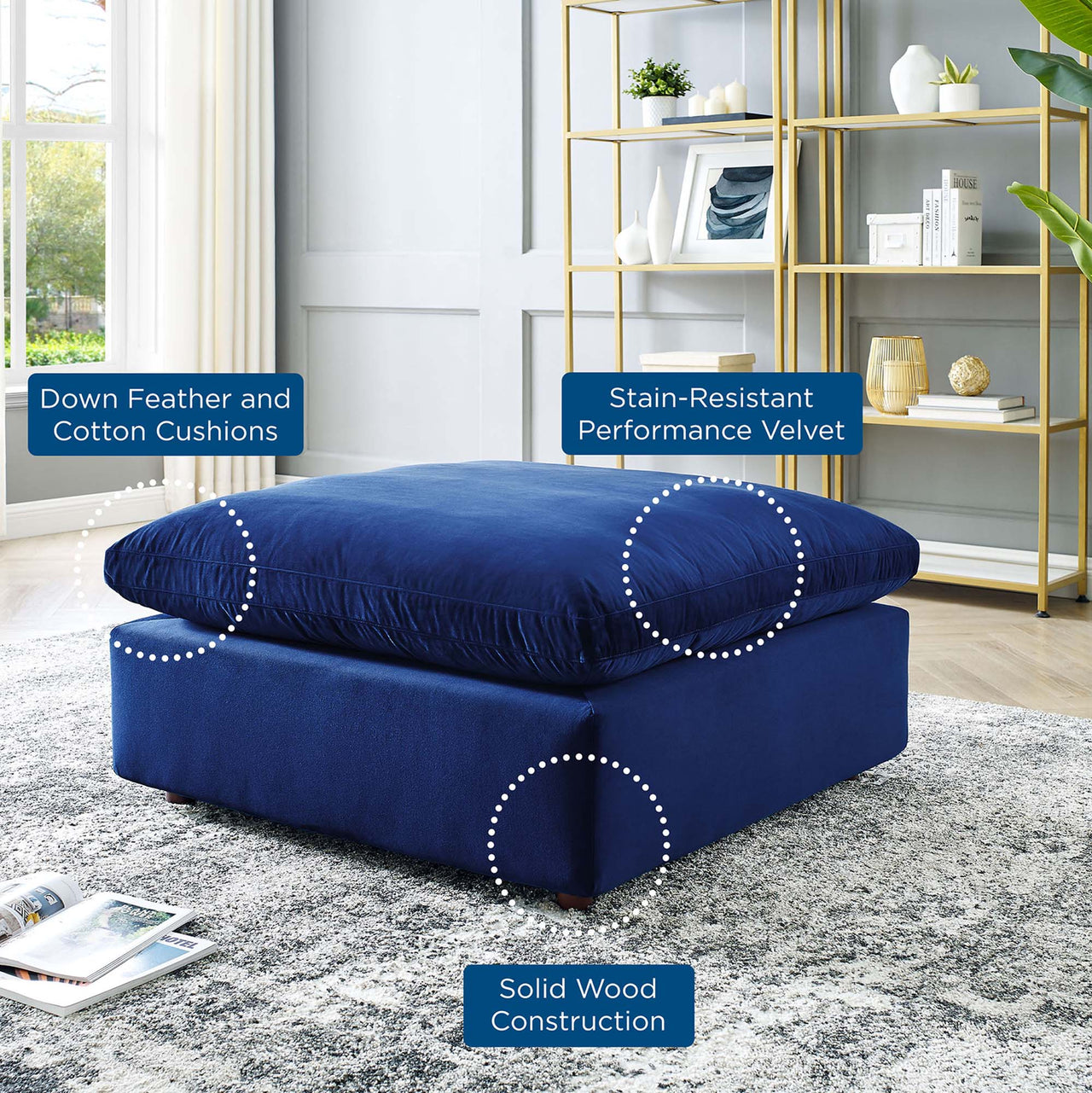 Angelic Cloudblend Velvet Ottoman | Modular Sectional Component, Navy