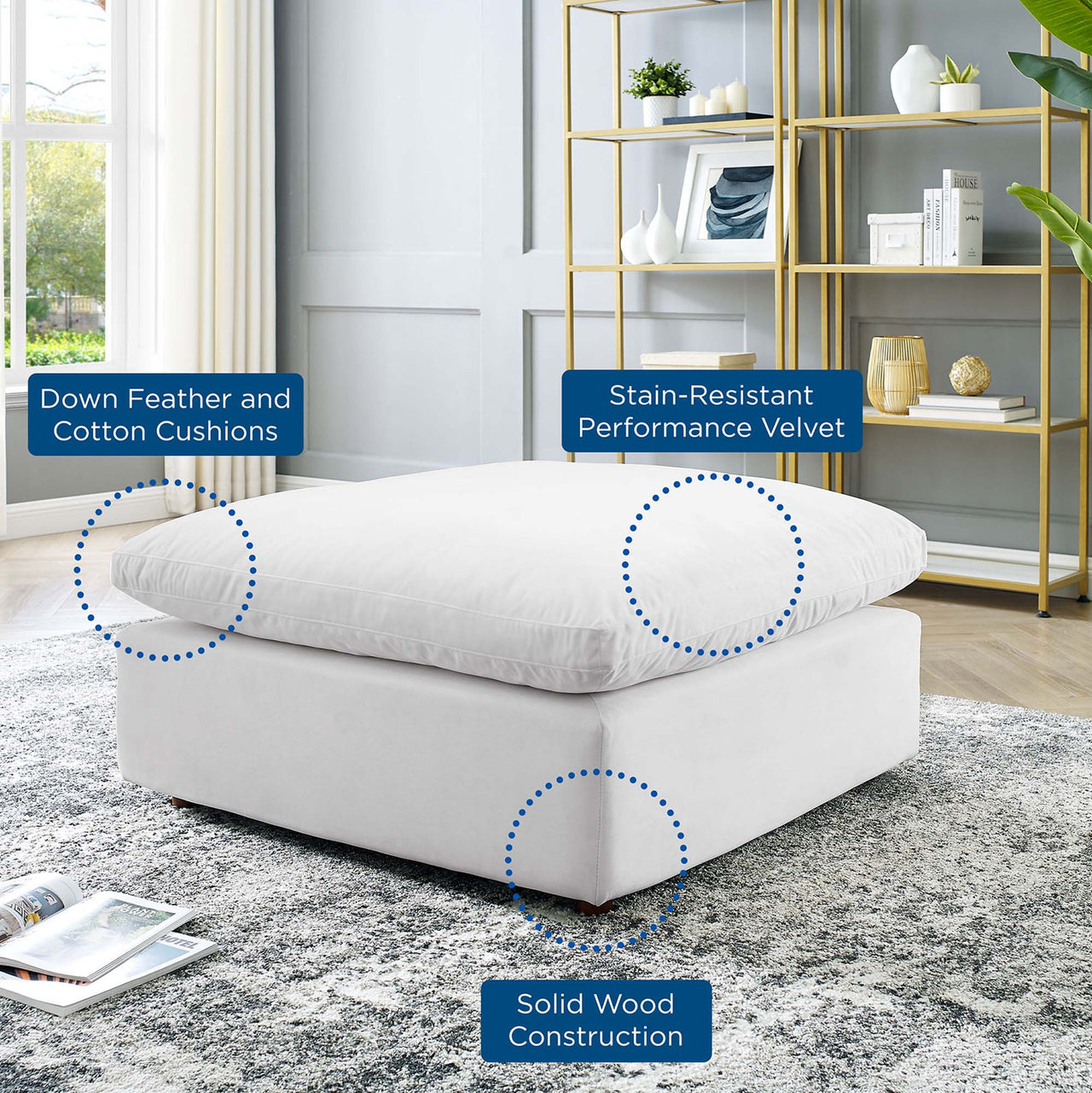 Angelic Cloudblend Velvet Ottoman | Modular Sectional Component, White