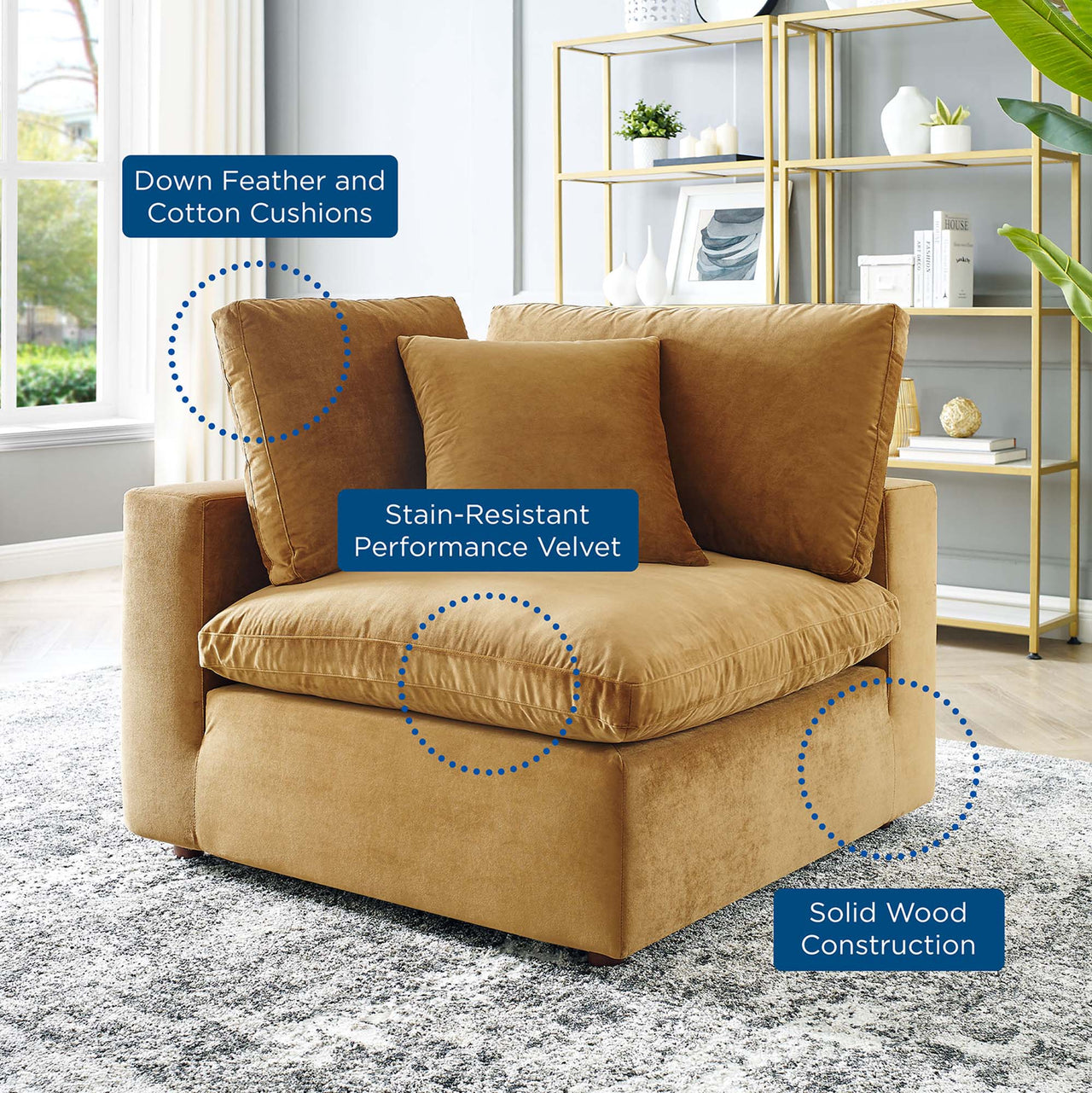 Angelic Cloudblend Velvet Corner Chair | Modular Sectional Component, Cognac