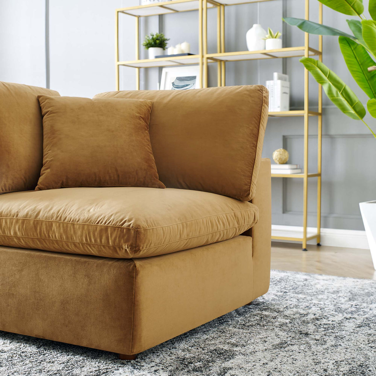 Angelic Cloudblend Velvet Corner Chair | Modular Sectional Component, Cognac