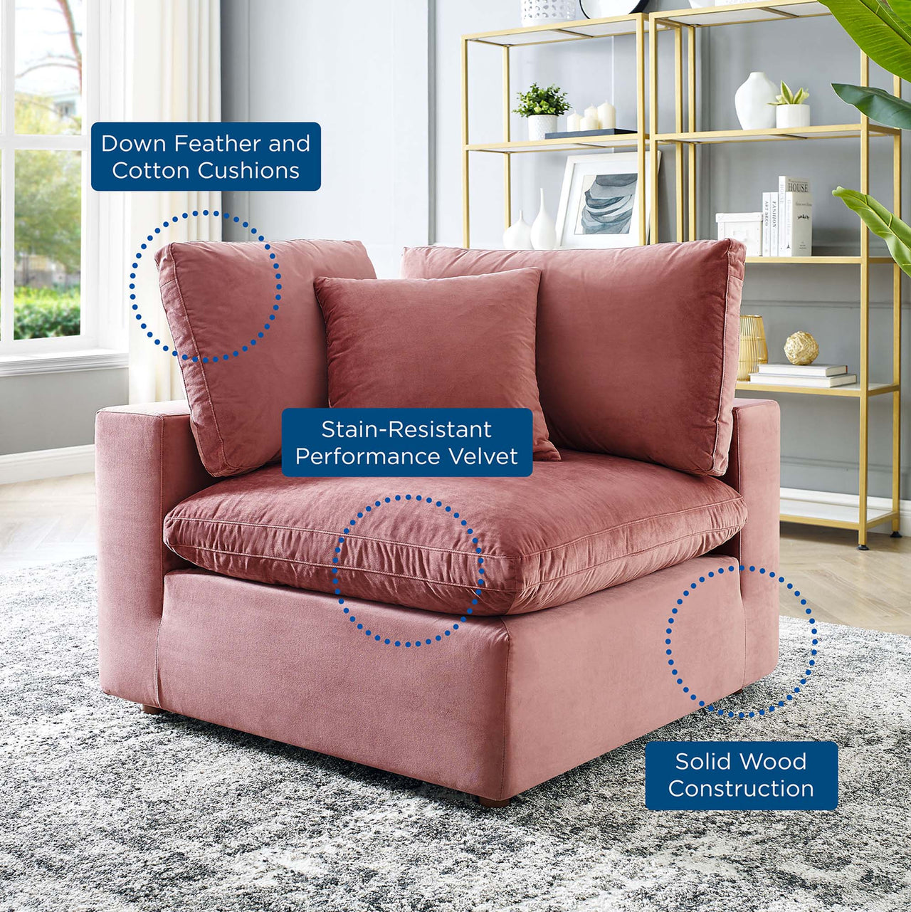 Angelic Cloudblend Velvet Corner Chair | Modular Sectional Component, Dusty Rose