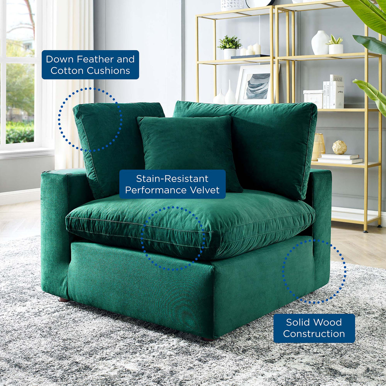 Angelic Cloudblend Velvet Corner Chair | Modular Sectional Component, Green