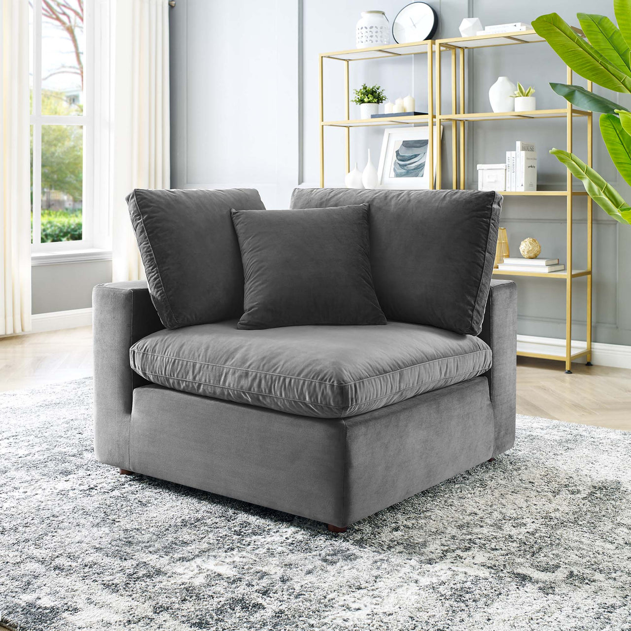 Angelic Cloudblend Velvet Corner Chair | Modular Sectional Component, Gray