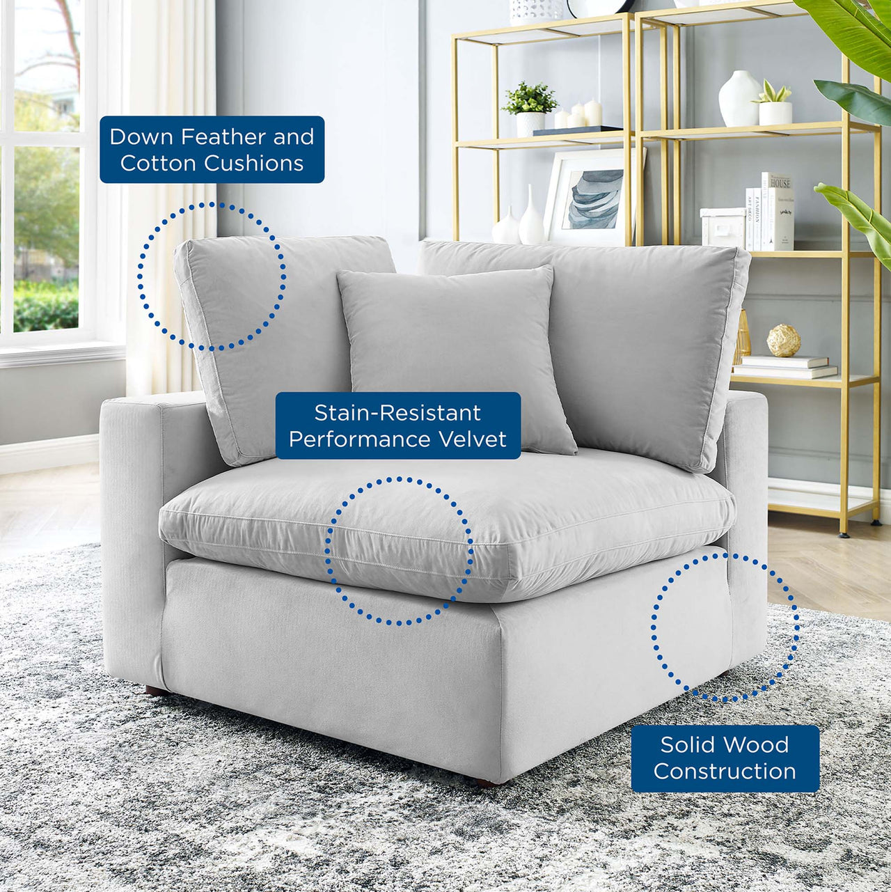 Angelic Cloudblend Velvet Corner Chair | Modular Sectional Component, Light Gray