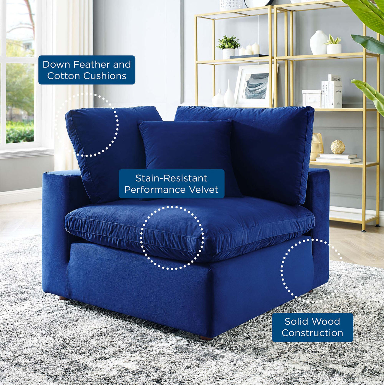 Angelic Cloudblend Velvet Corner Chair | Modular Sectional Component, Navy