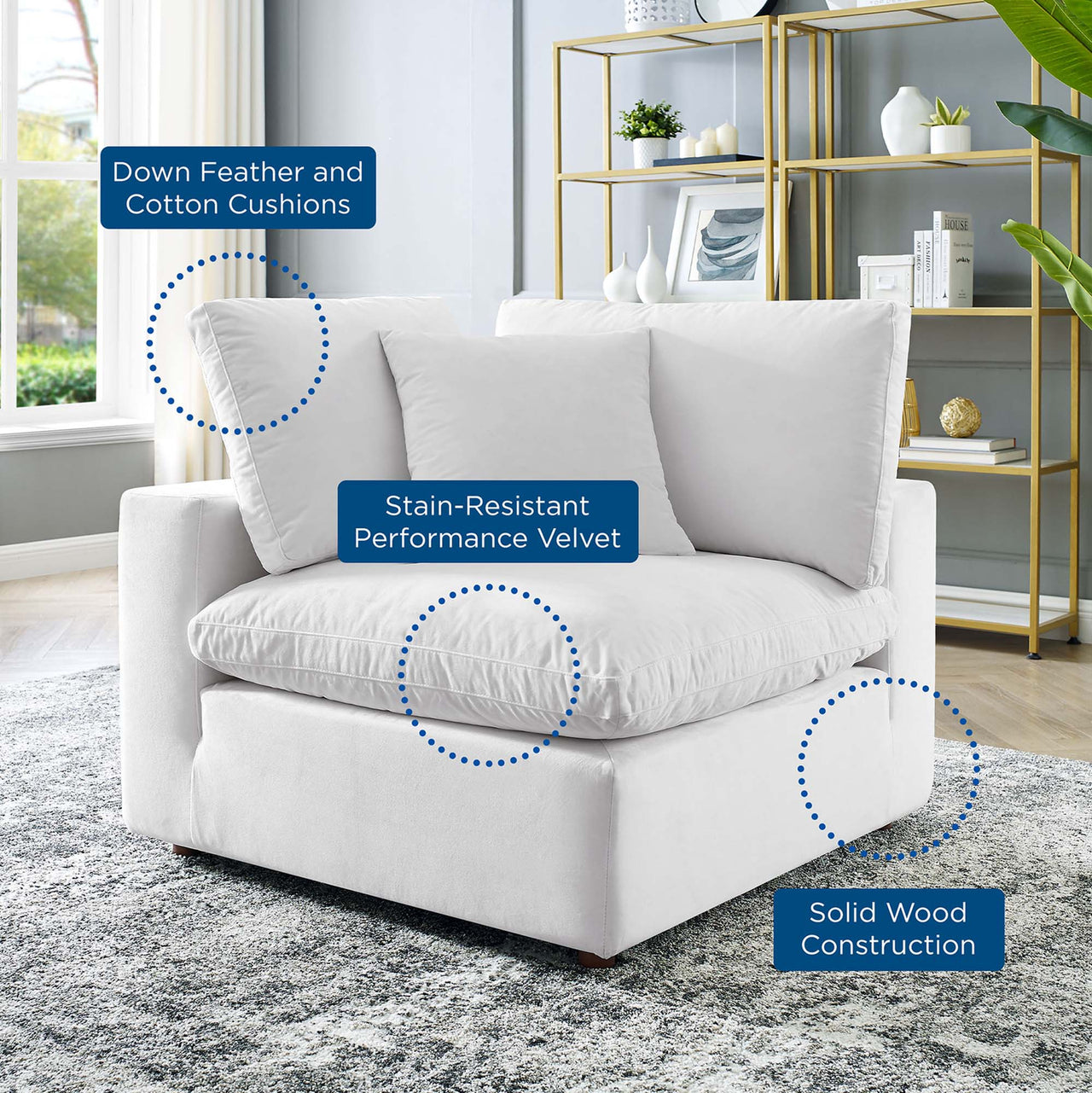Angelic Cloudblend Velvet Corner Chair | Modular Sectional Component, White