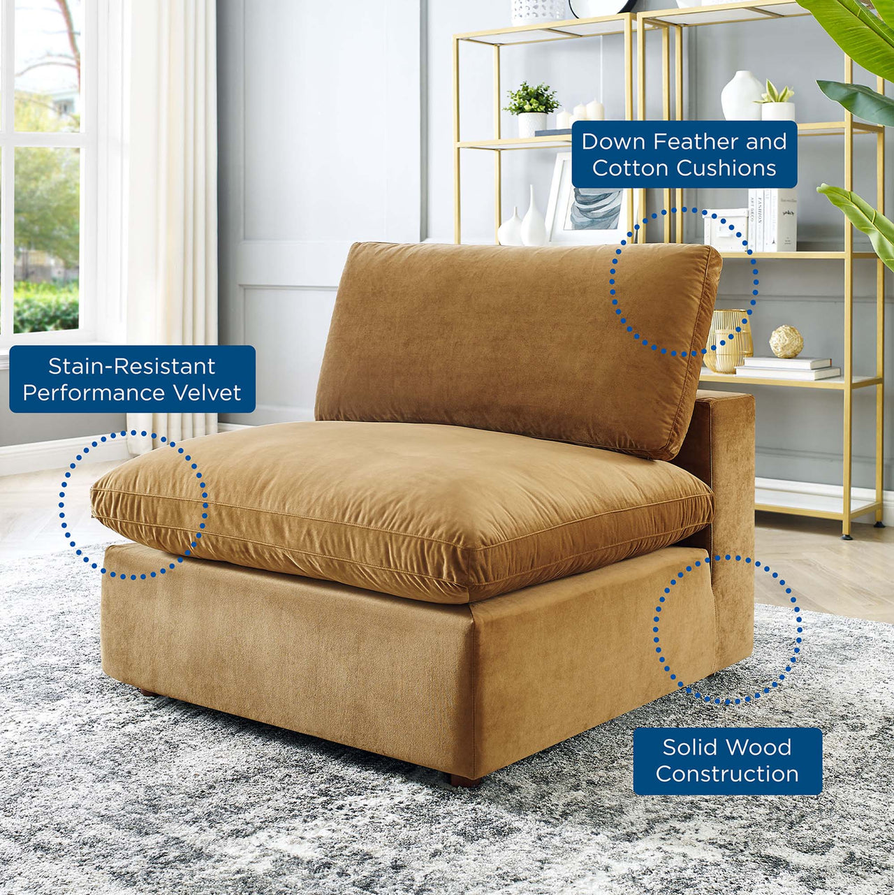 Angelic Cloudblend Velvet Armless Chair | Modular Sectional Component, Cognac