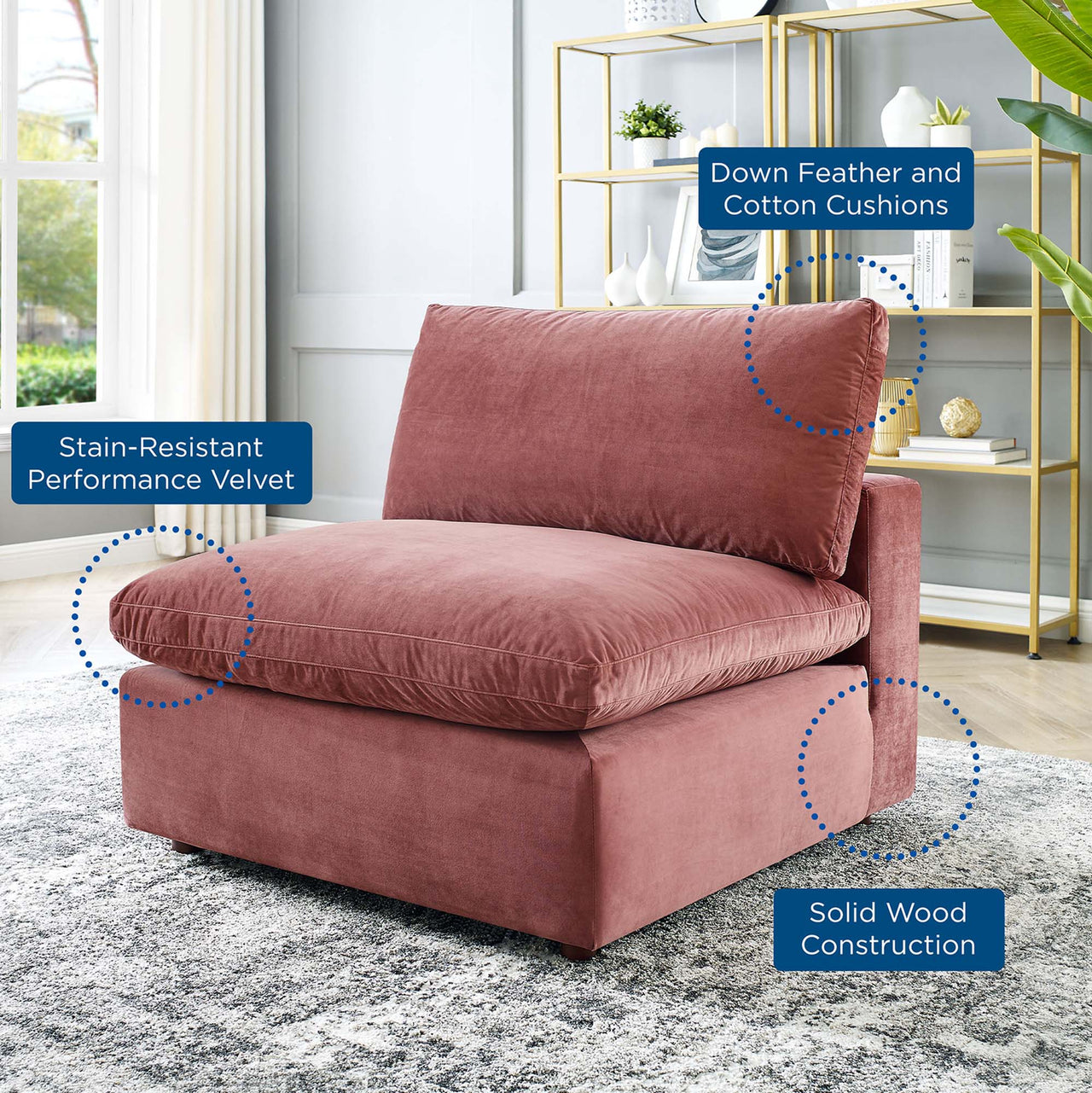 Angelic Cloudblend Velvet Armless Chair | Modular Sectional Component, Dusty Rose