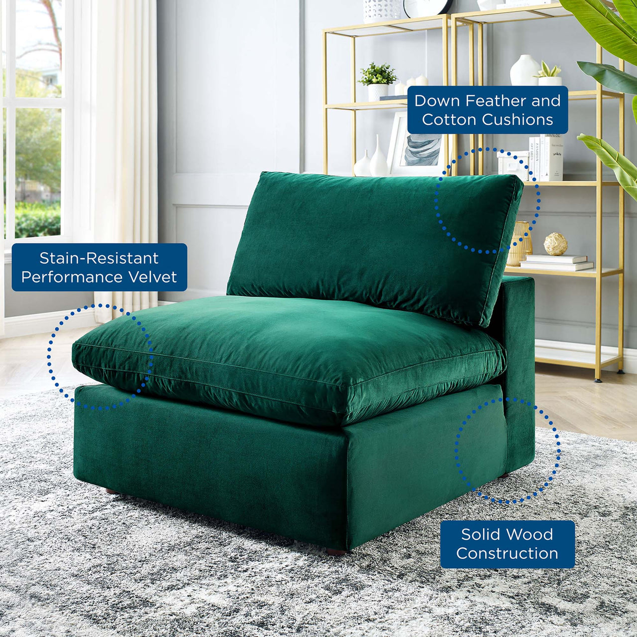 Angelic Cloudblend Velvet Armless Chair | Modular Sectional Component, Green