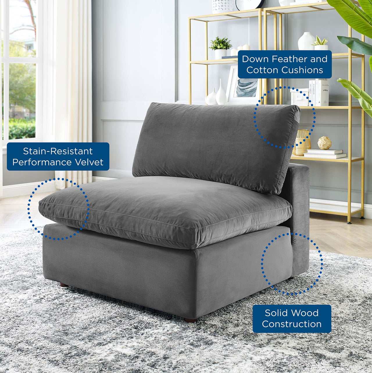 Angelic Cloudblend Velvet Armless Chair | Modular Sectional Component, Gray