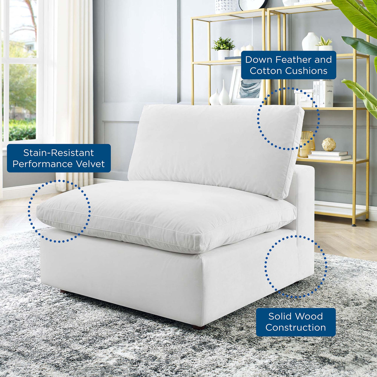 Angelic Cloudblend Velvet Armless Chair | Modular Sectional Component, White