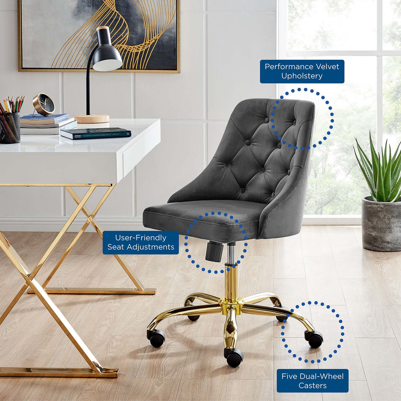 Evelon Upholstered Velvet Office Chair, Gold & Gray