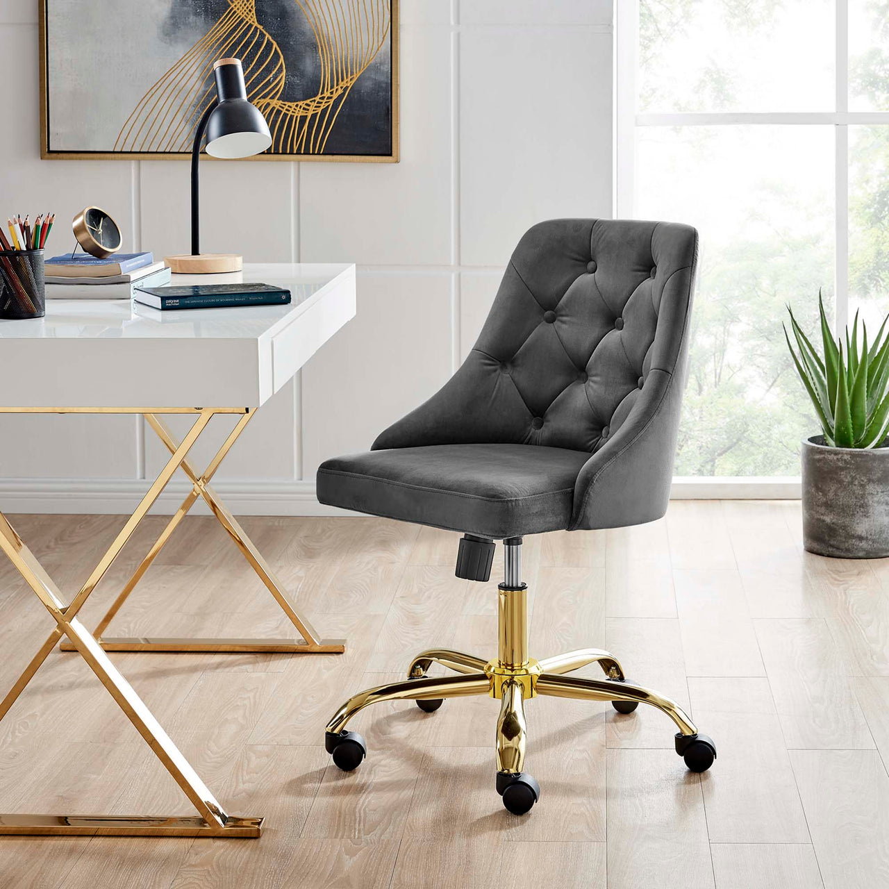 Evelon Upholstered Velvet Office Chair, Gold & Gray