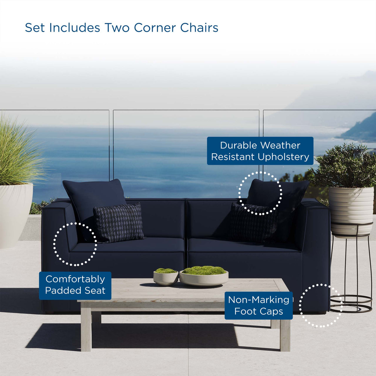 Merida 2-Piece Alfresco Upholstered Loveseat Sectional, Navy