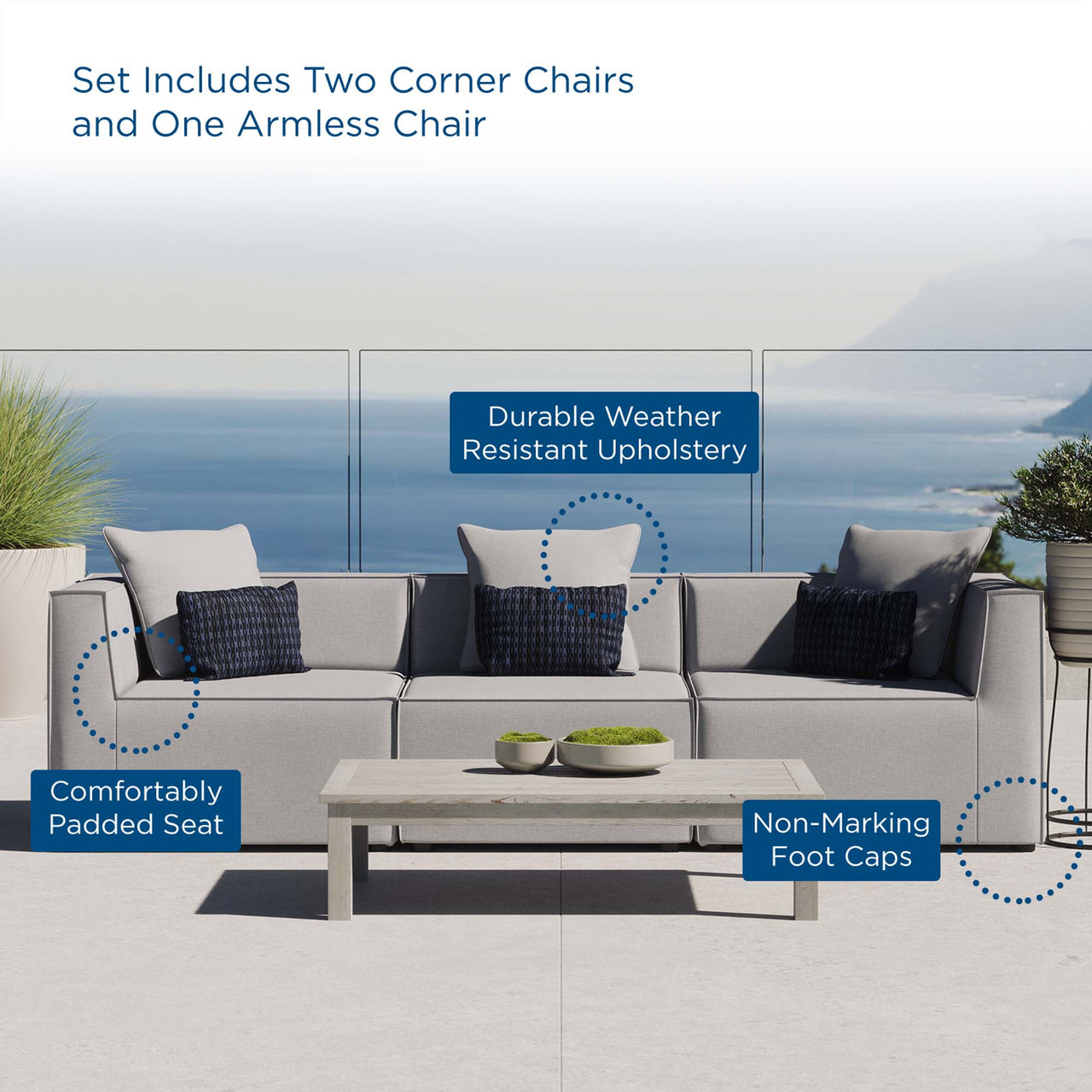 Merida 3-Piece Alfresco Upholstered Sofa Sectional, Gray