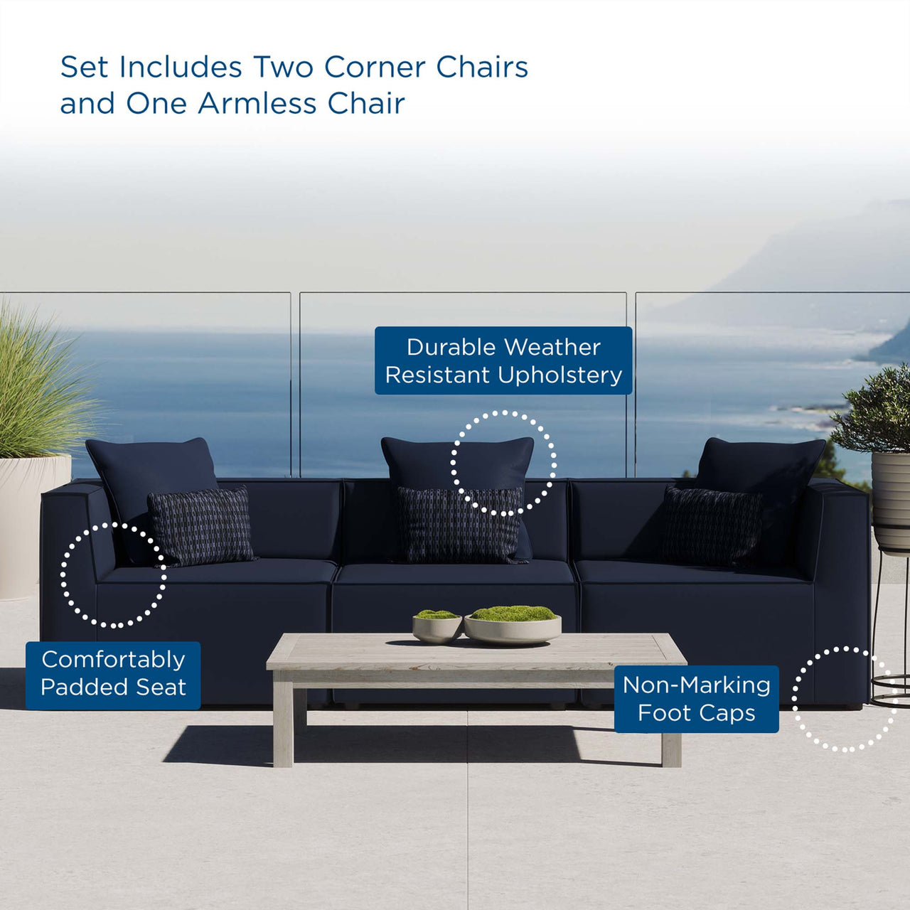 Merida 3-Piece Alfresco Upholstered Sofa Sectional, Navy