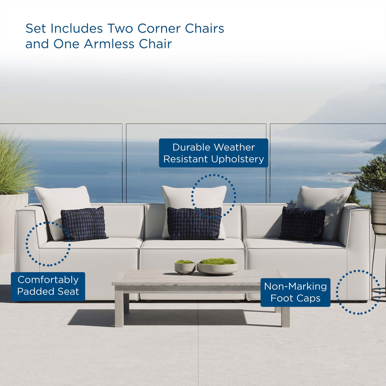 Merida 3-Piece Alfresco Upholstered Sofa Sectional, White