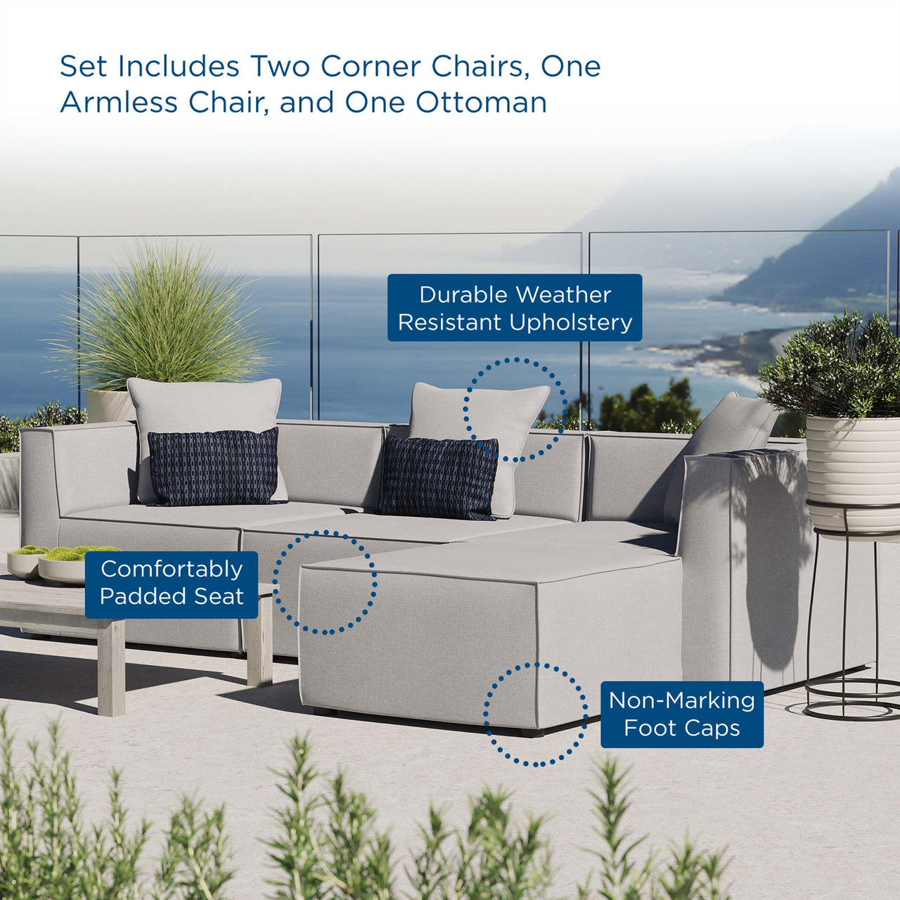 Merida 4-Piece Alfresco Upholstered Sectional, Gray