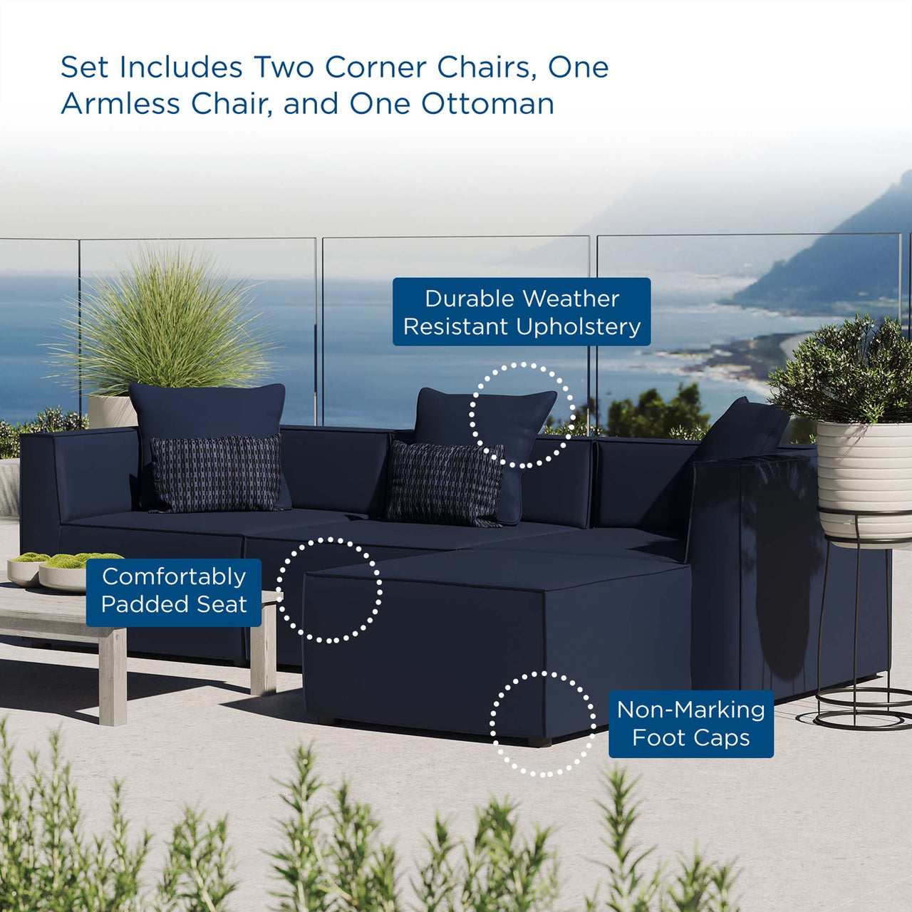 Merida 4-Piece Alfresco Upholstered Sectional, Navy