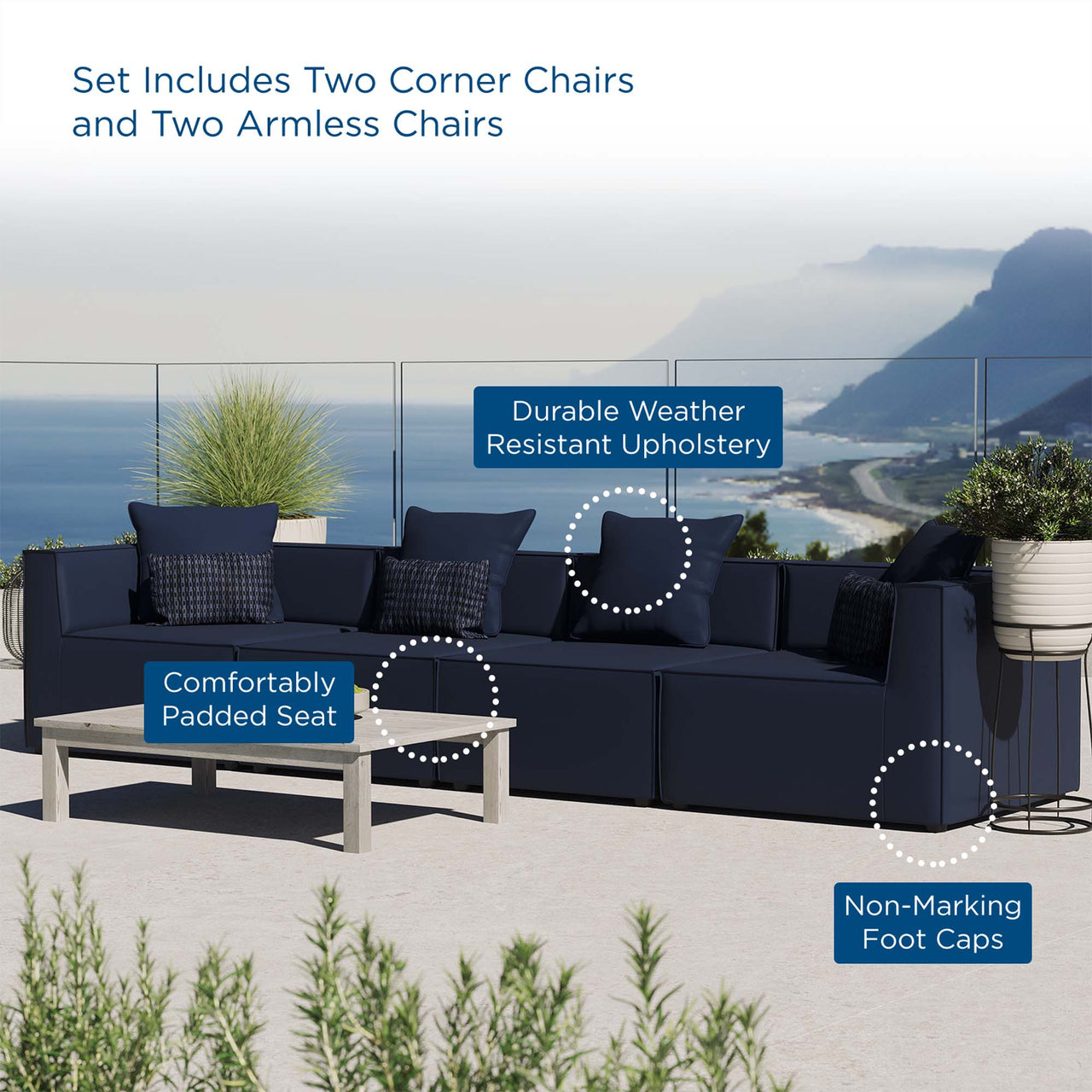 Merida 4-Piece Alfresco Upholstered Sofa Sectional, Navy