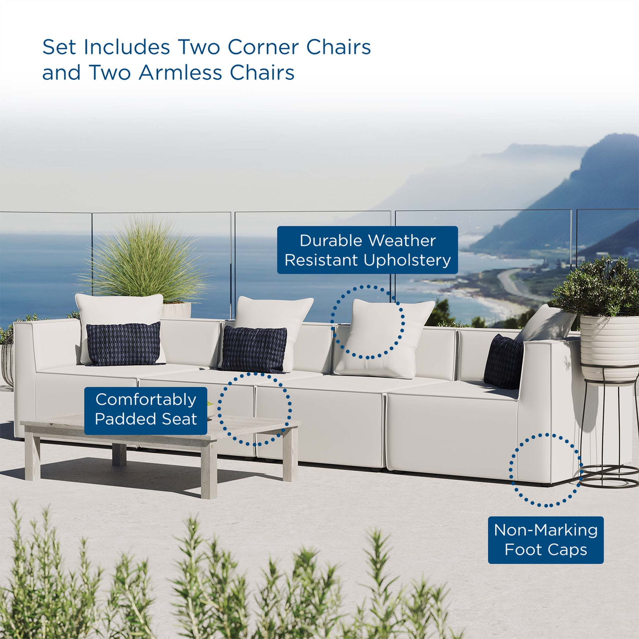 Merida 4-Piece Alfresco Upholstered Sofa Sectional, White
