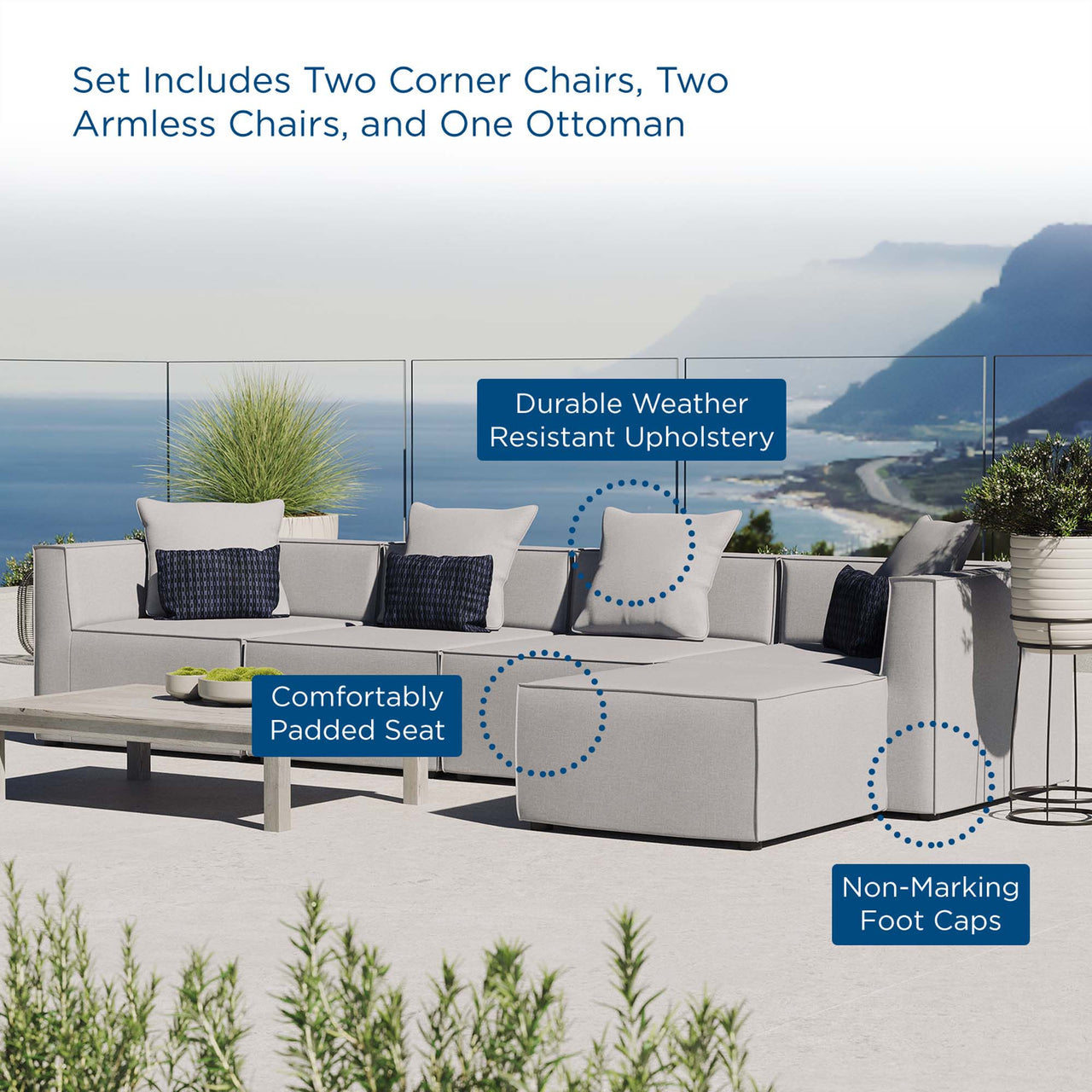 Merida 5-Piece Alfresco Upholstered Sectional, Gray